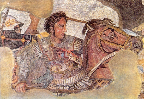 Alexandre le Grand sur son cheval Bucéphale, détail de la mosaïque romaine de Pompéi représentant la bataille d'Issos, musée national archéologique de Naples